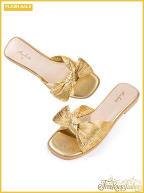 Pleated Bow Flat Slide Sandals Square Open Toe Dressy Comfort Satin